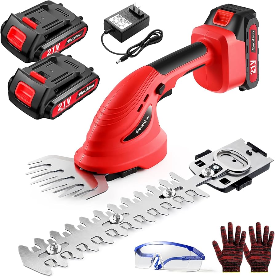 trzy modele akumulatorowych nożyc do żywopłotu na trawiastym podłożu