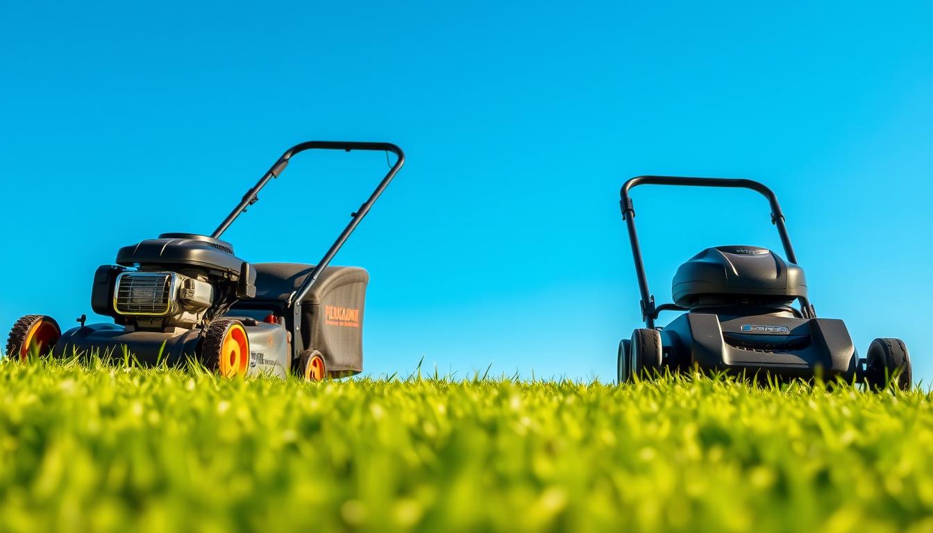 Kosiarka elektryczna podłączona do długiego przedłużacza na trawniku