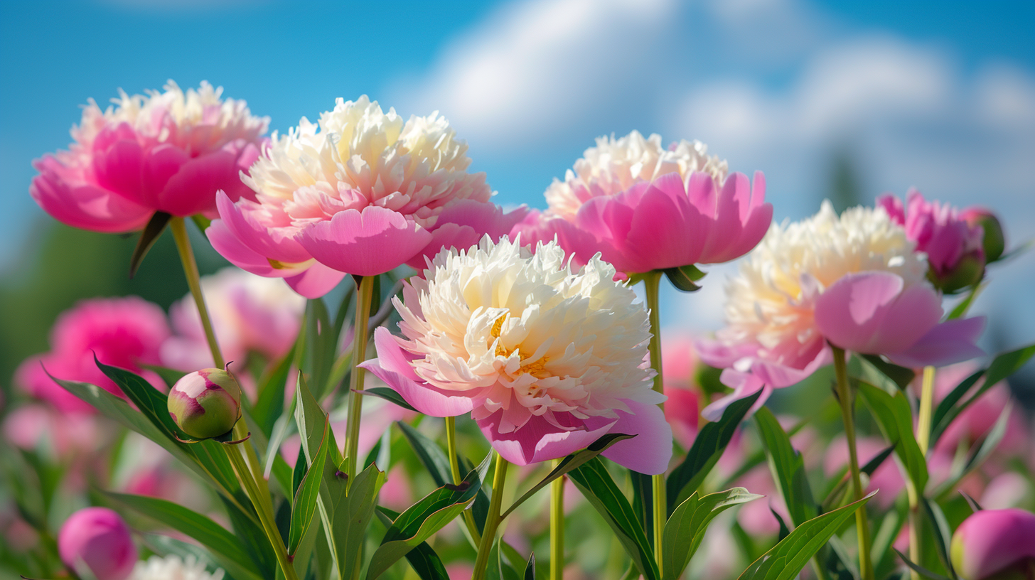 Piwonie źle przesadzone latem z więdnącymi liśćmi i suchą ziemią