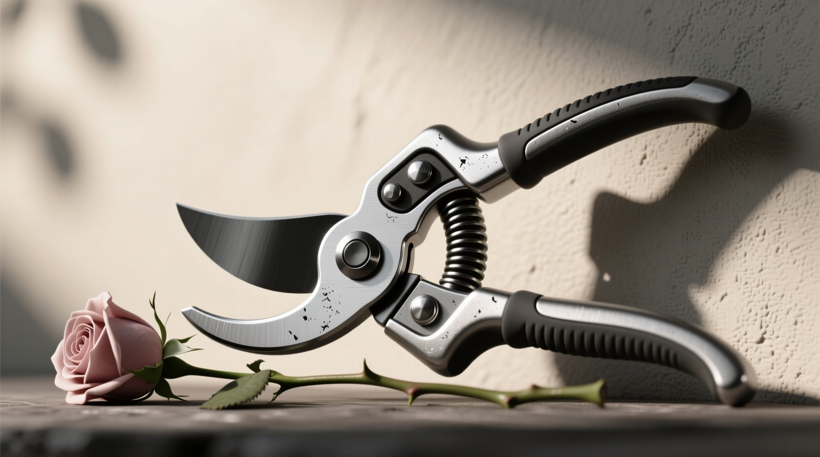 zdrowe nowe pędy róży po czystym cięciu sekatorem w zielonym ogrodzie