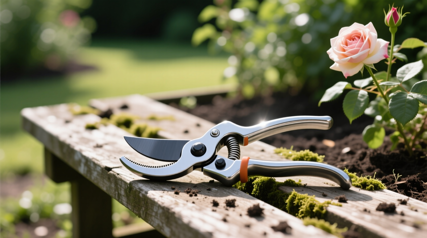 ergonomiczny sekator z gumowymi uchwytami w dłoni ogrodnika przy róży