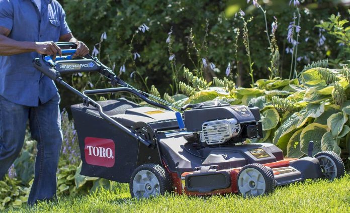 Dwie kosiarki spalinowa i elektryczna stoją obok siebie na zielonym trawniku